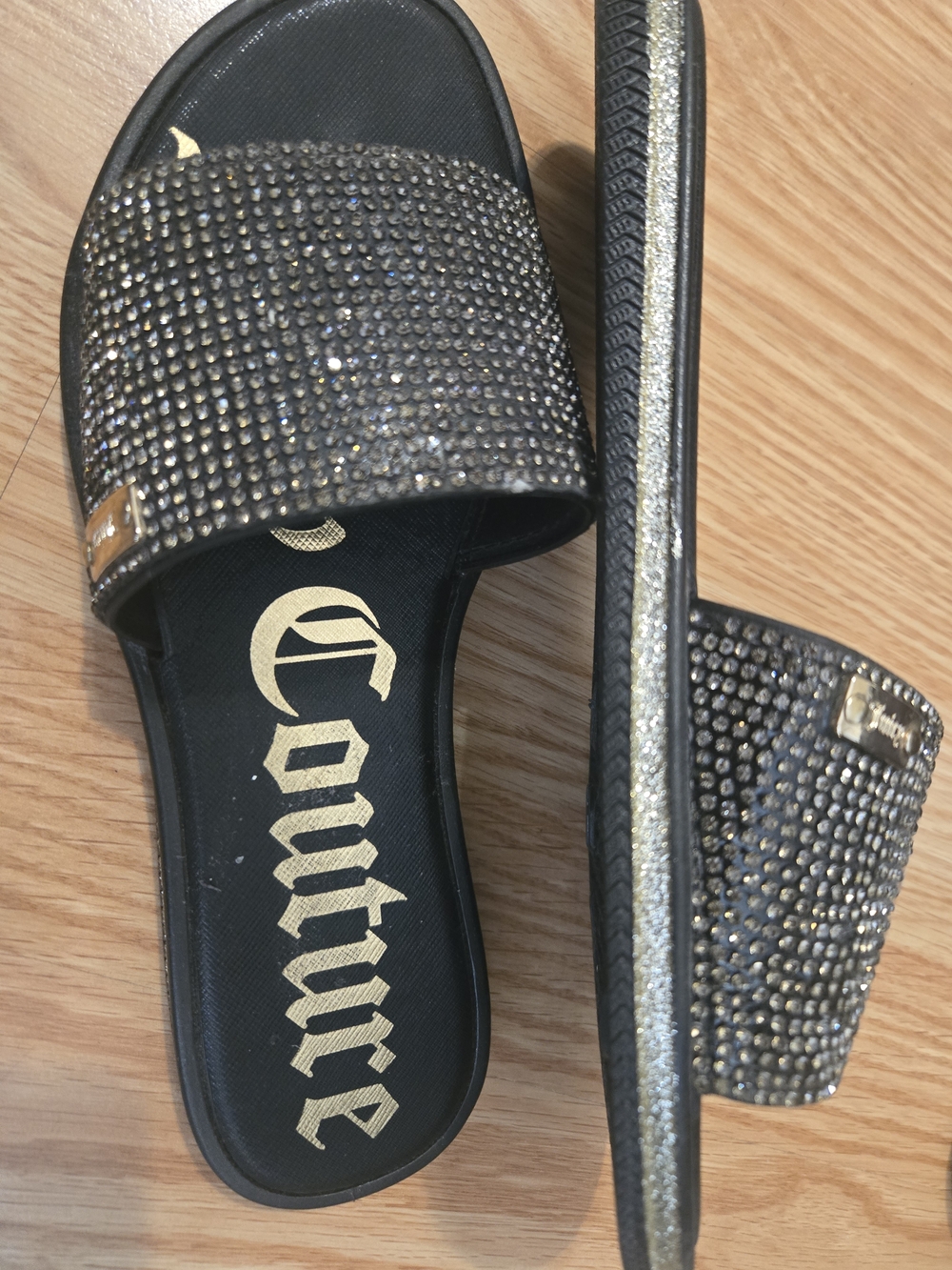 Juicy Couture Black Crystal-Embellished Slide Sandals